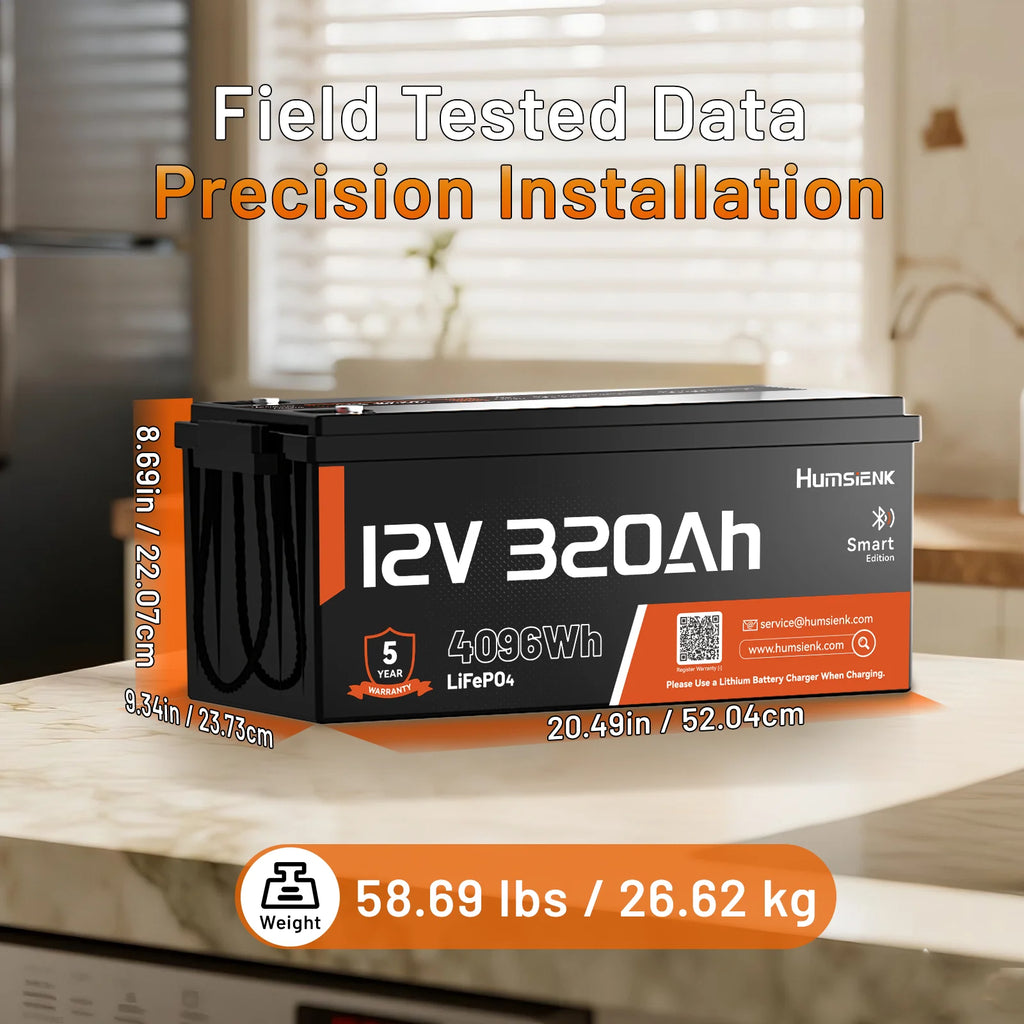 Humsienk 12V 320Ah Rechargeable Lithium Battery, Capacity 4096Wh, Built-in Bluetooth & 250A BMS, 15000+ Deep Cycle & 12V LiFePO4 Battery For RV, Van, Golf Cart, Boat, Camper, Marine, Trolling Motor, Off-Grid, Solar Energy Sto
