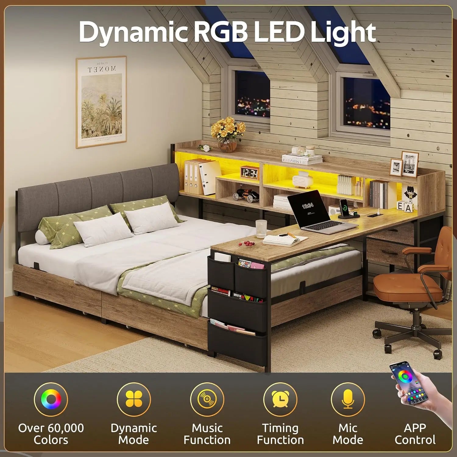 Corner Storage Bed Full with Desk Headboard 4 Drawers 6 Shelves LED USB Small Room Oak Gray, Customized