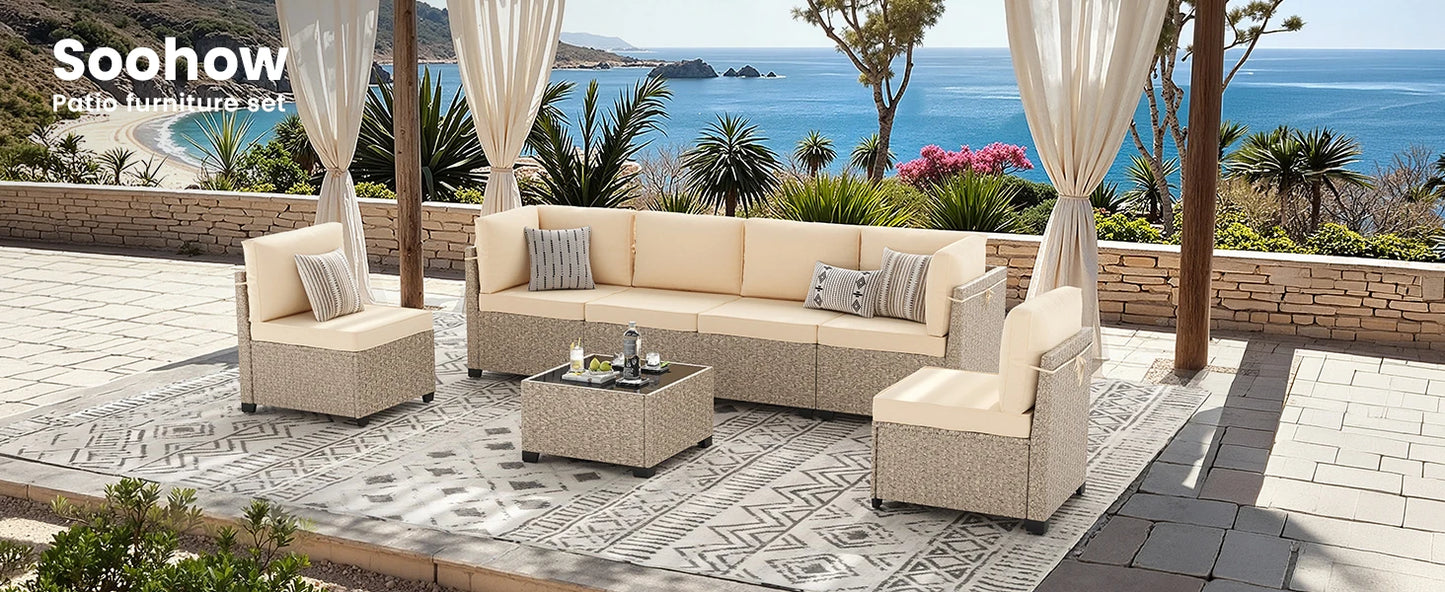 7-Piece Patio Furniture Set, Outdoor Rattan Sectional Sofa with Tempered Glass Table, All-Weather, for Garden, Porch, Backyard