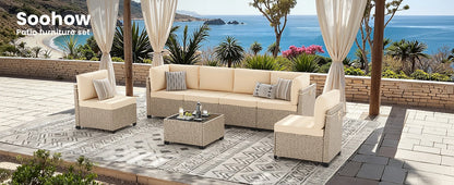 7-Piece Patio Furniture Set, Outdoor Rattan Sectional Sofa with Tempered Glass Table, All-Weather, for Garden, Porch, Backyard