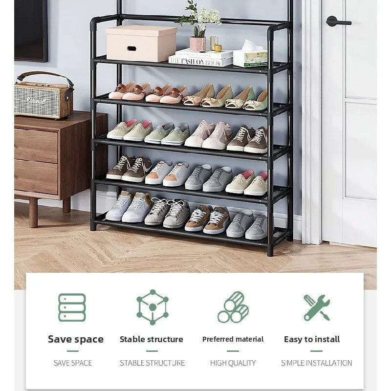 5-Tier 3-in-1 Multifunctional Metal Shoe & Hat Rack, Floor-Standing Garment Organizer for Entryway, Bedroom, Living Room, Sturdy Vertical Storage Shelf