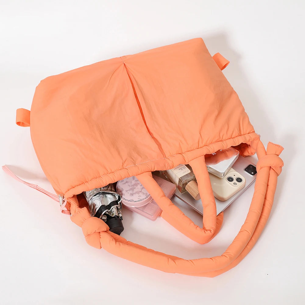 Puffer Tote Bag for Women Adjustable Strap Shoulder Bag Nylon Large Capacity Puffy Purse for Shopping Travel