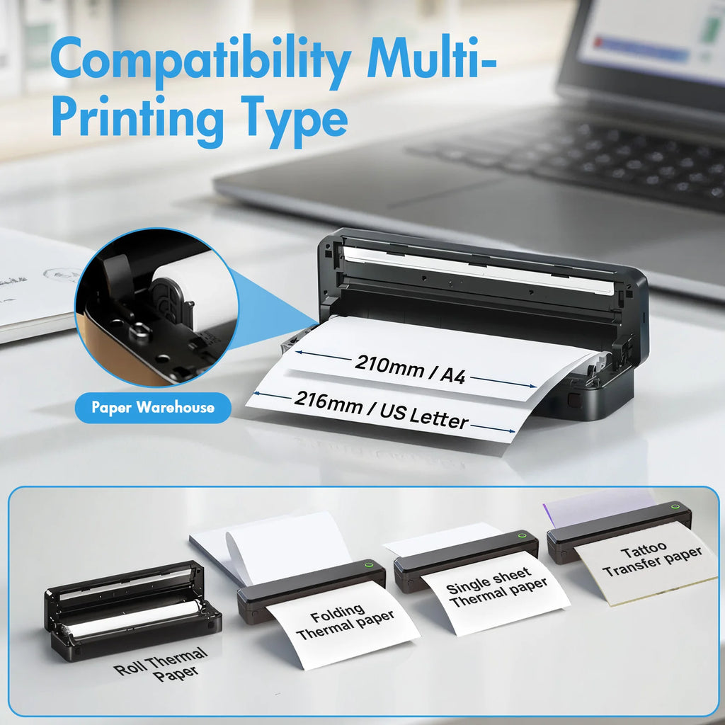 Portable Printers Wireless Inkless Thermal A4 Label Maker US Letter/A4/A5/B5 Android iOS Phone & Laptop For Travel Office School