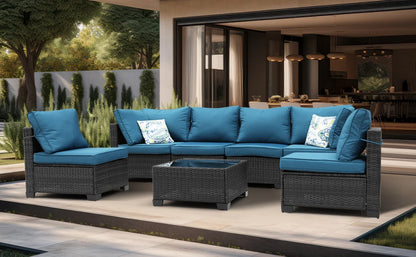 Patio Furniture Set 7 Piece - All-Weather Wicker Rattan Outdoor Conversation Set in Black/Peacock Blue for Backyard Garden Pool