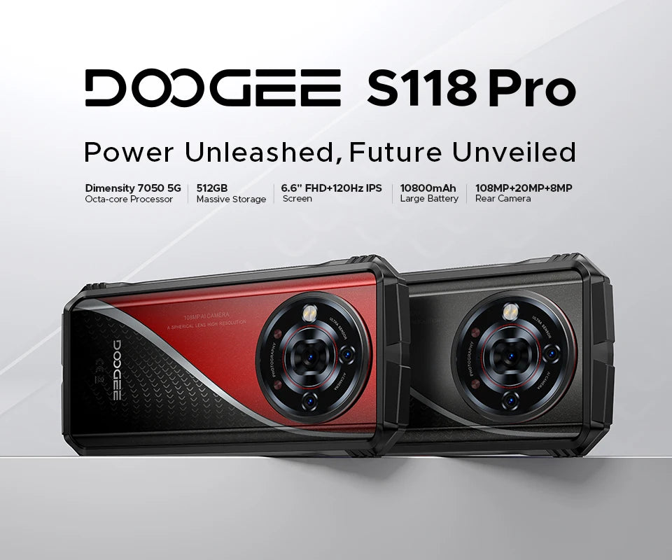 Global Version DOOGEE S118 Pro 5G Rugged Phone Dimensity 7050 10800mAh Battery 6.6'' FHD 120Hz 8GB RAM 512GB ROM Cell Phone NFC