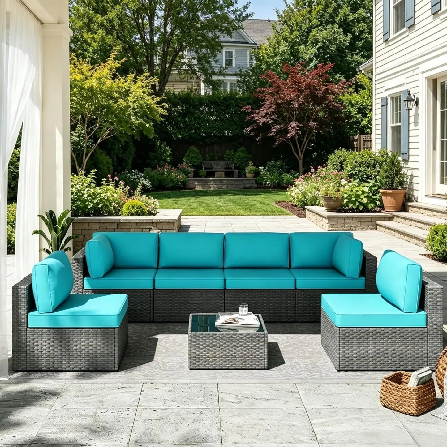 7 Pieces Outdoor Patio Furniture Set, All-Weather Sectional Sofa PE Rattan Wicker with Glass Table & Washable Cushions, Custom