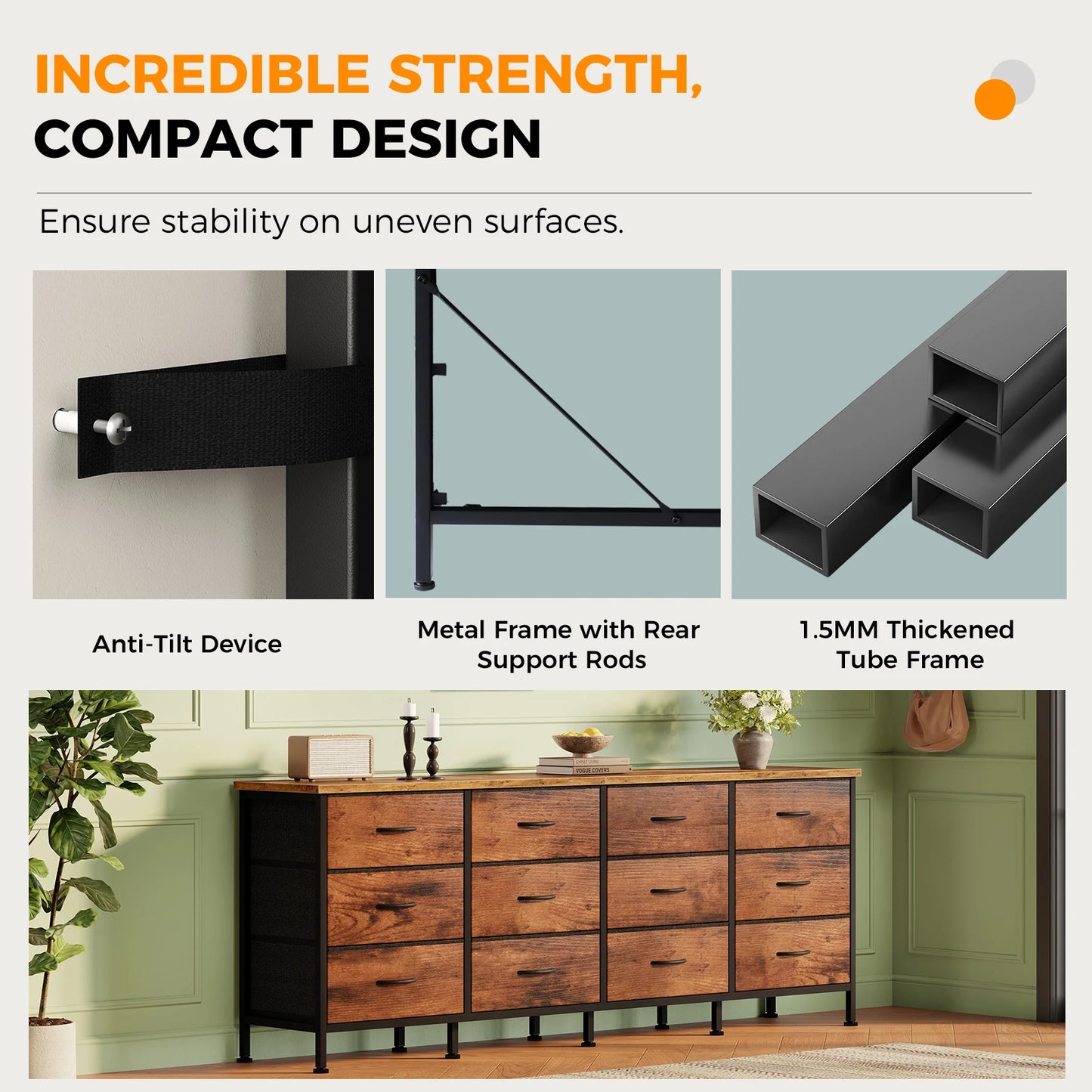 JHK 12  Fabric Cabinet For Living Room Drawers Beside Nightstand Tables Wood Top Entertainment Center Large Fabric TV Consoles for Bedroom Up to 80'' TVs Storage Closet Chest Clothes Display Of Furniture