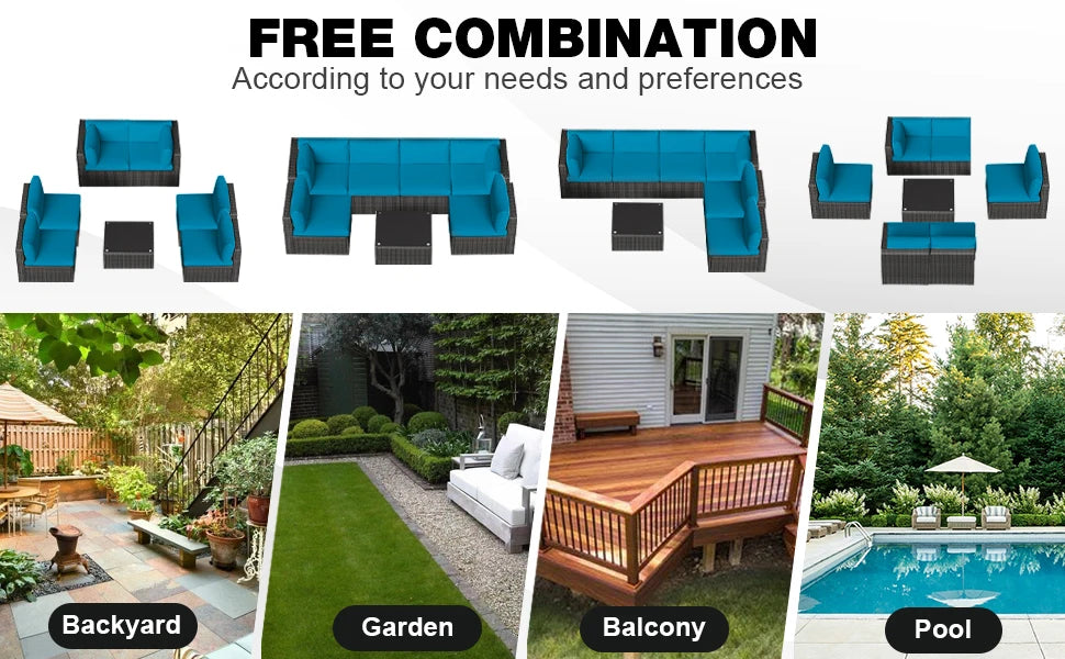 Patio Furniture Set 7 Piece - All-Weather Wicker Rattan Outdoor Conversation Set in Black/Peacock Blue for Backyard Garden Pool