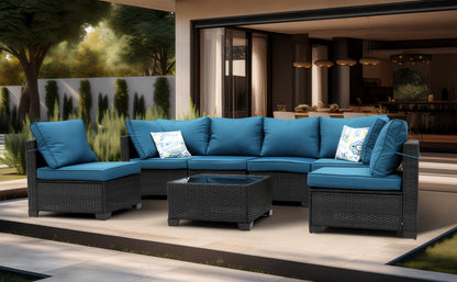 Patio Furniture Set 7 Piece - All-Weather Wicker Rattan Outdoor Conversation Set in Black/Peacock Blue for Backyard Garden Pool