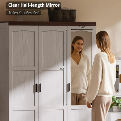 Large 3 Door Armoire Wardrobe Closet with Mirror White Bedroom Furniture Storage Solution for Organizing Clothes