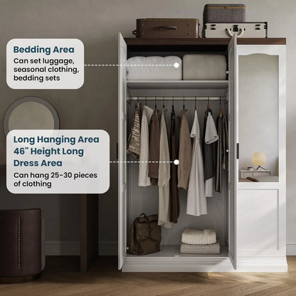 Large 3 Door Armoire Wardrobe Closet with Mirror White Bedroom Furniture Storage Solution for Organizing Clothes