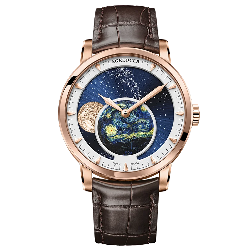 AGELOCER Original Astronomer Watch Van Gogh Oil Painting Men Luxury Automatic Mechanical Moon Phase Watch Birthday Gift for Men