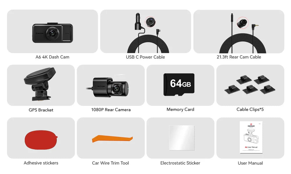 REDTIGER A6 3 Cameras Front/Cabin/Rear Cam 4K Dash Cam Built-in 5.8Ghz WiFi GPS Car DVR Night Vision Parking Monitor 3 Cameras