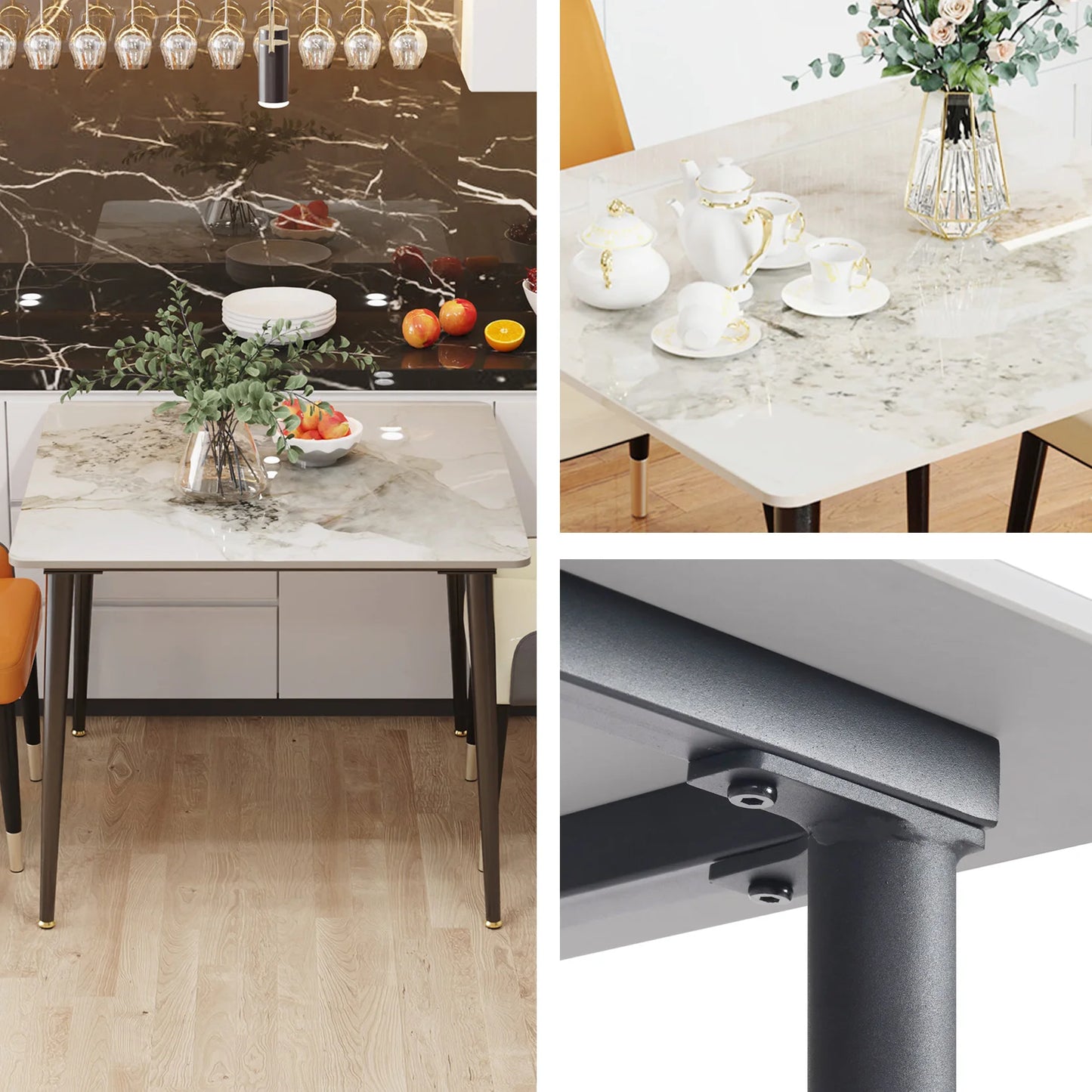 Rectangular Dining Modern Dining Desk Table Furniture with Natural Texture Sintered Stone Top Metal Frame for Dining Room