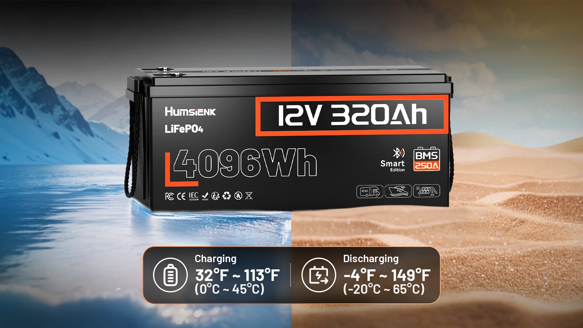 Humsienk 12V 320Ah Rechargeable Lithium Battery, Capacity 4096Wh, Built-in Bluetooth & 250A BMS, 15000+ Deep Cycle & 12V LiFePO4 Battery For RV, Van, Golf Cart, Boat, Camper, Marine, Trolling Motor, Off-Grid, Solar Energy Sto