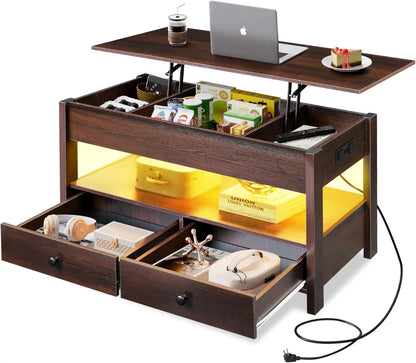 WLIVE Black Lift Top Coffee Table with 2 Drawers LED Light - Large Storage Open Shelf for Living Room Modern Home Furniture