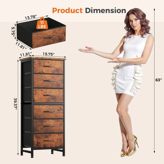 JHK Tall 6 Fabric Drawer Dresser  for Bedroom Wood Top and Metal Frame Skinny Chest of Drawers Narrow Storage Tower with Organization Furniture
