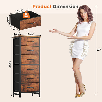 JHK Tall 6 Fabric Drawer Dresser  for Bedroom Wood Top and Metal Frame Skinny Chest of Drawers Narrow Storage Tower with Organization Furniture