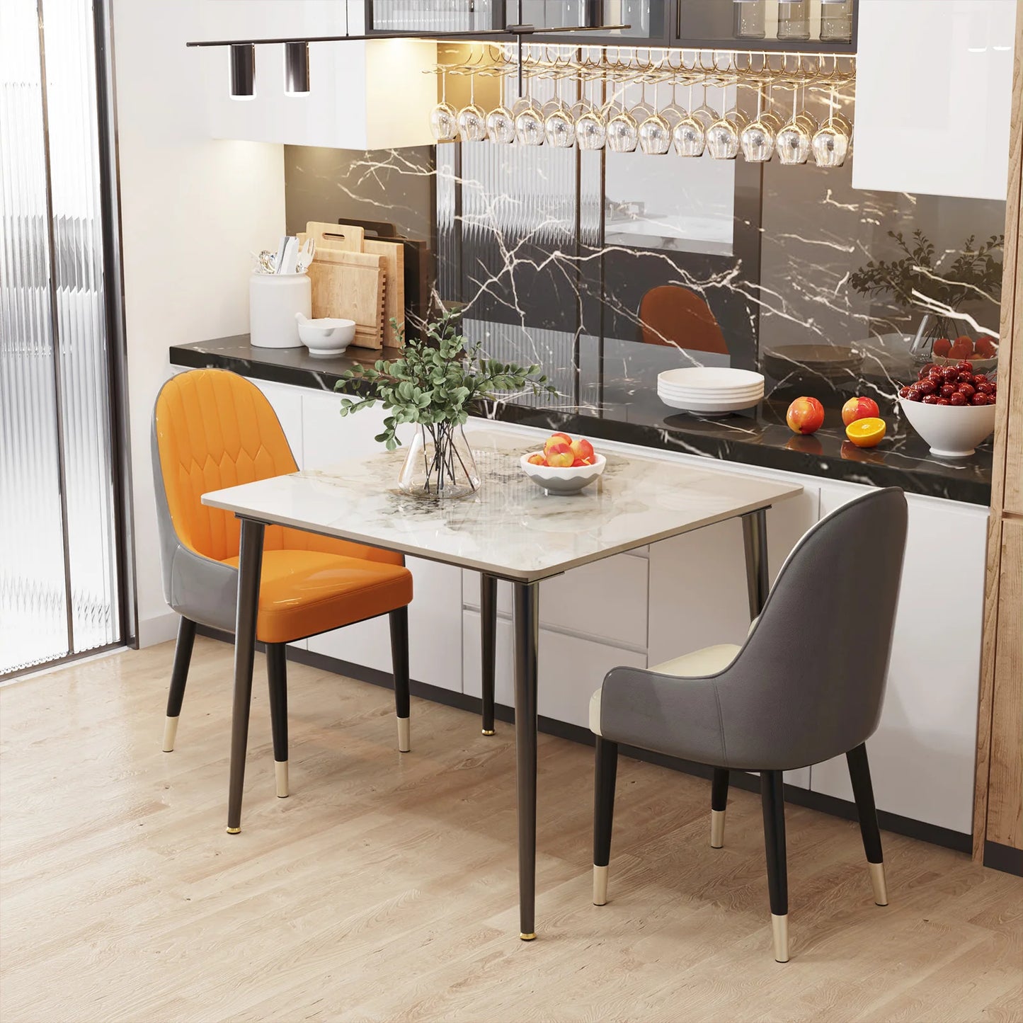 Rectangular Dining Modern Dining Desk Table Furniture with Natural Texture Sintered Stone Top Metal Frame for Dining Room