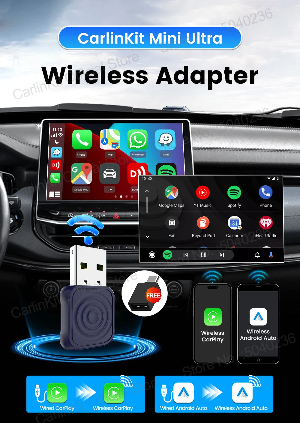 CarlinKit 5.0 Mini Ultra / Pro Wireless CarPlay & Android Auto Adapter For OEM Cars Upgrade WiFi BLE Wireless Auto-connect Phone