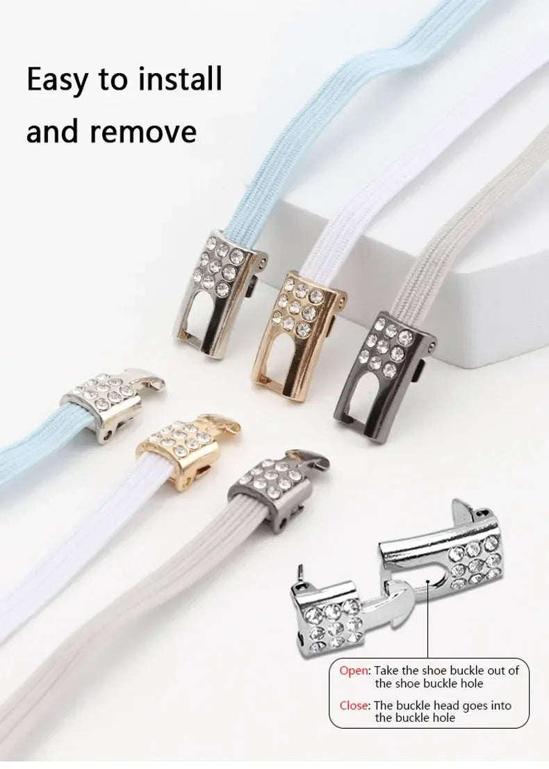 Fashion Elastic No Tie Shoelaces Rhinestone Cross Lock Tieless Shoelace Flat Shoe Laces Suitable for Sneakers and Athletic Shoes