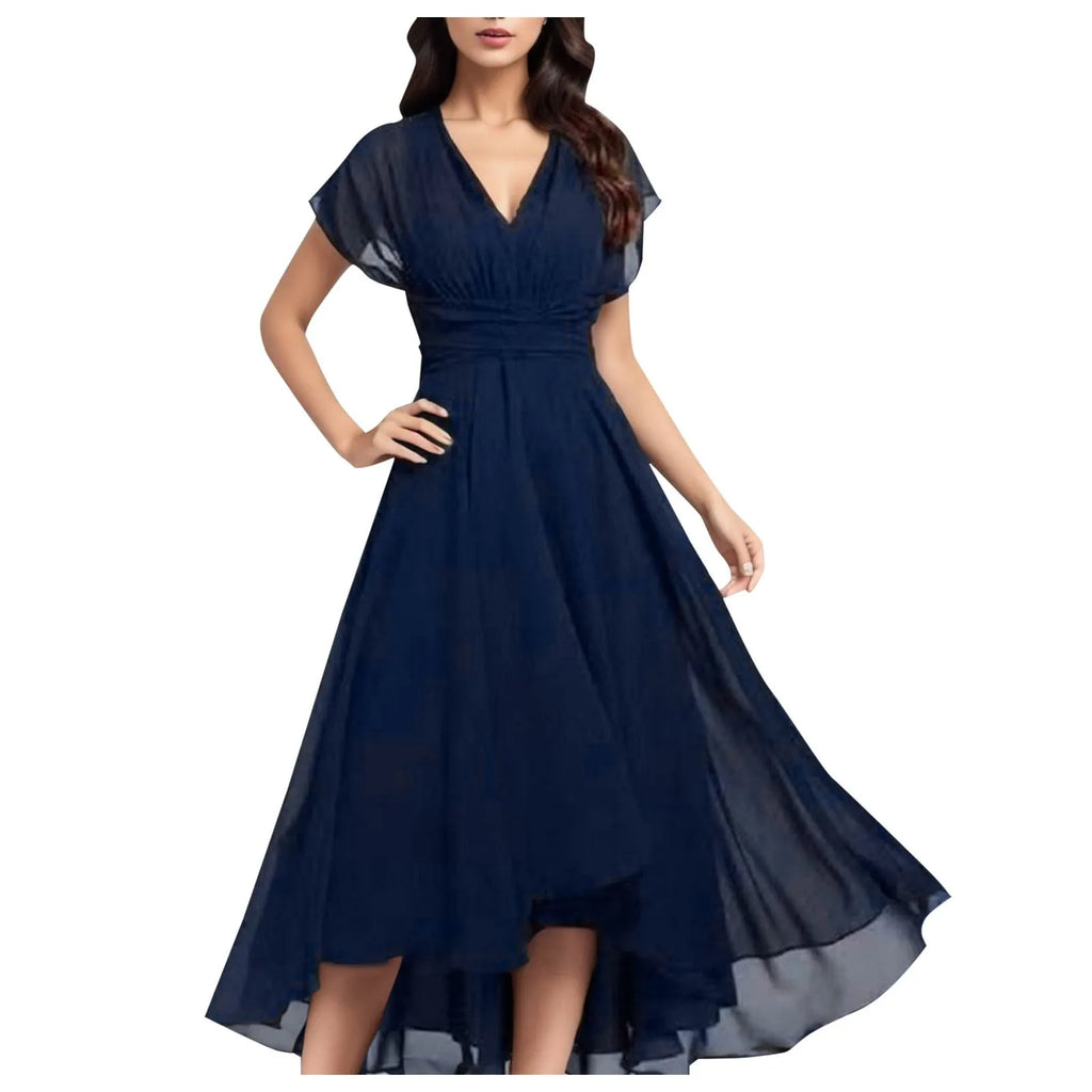 Elegant Women Chiffon Short Sleeve Long Dress V-Neck High Waist A-Line Evening Party Dress Tulle Cocktail Formal Dress Vestidos