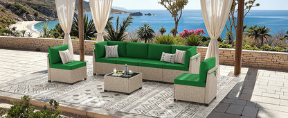 7-Piece Patio Furniture Set, Outdoor Rattan Sectional Sofa with Tempered Glass Table, All-Weather, for Garden, Porch, Backyard