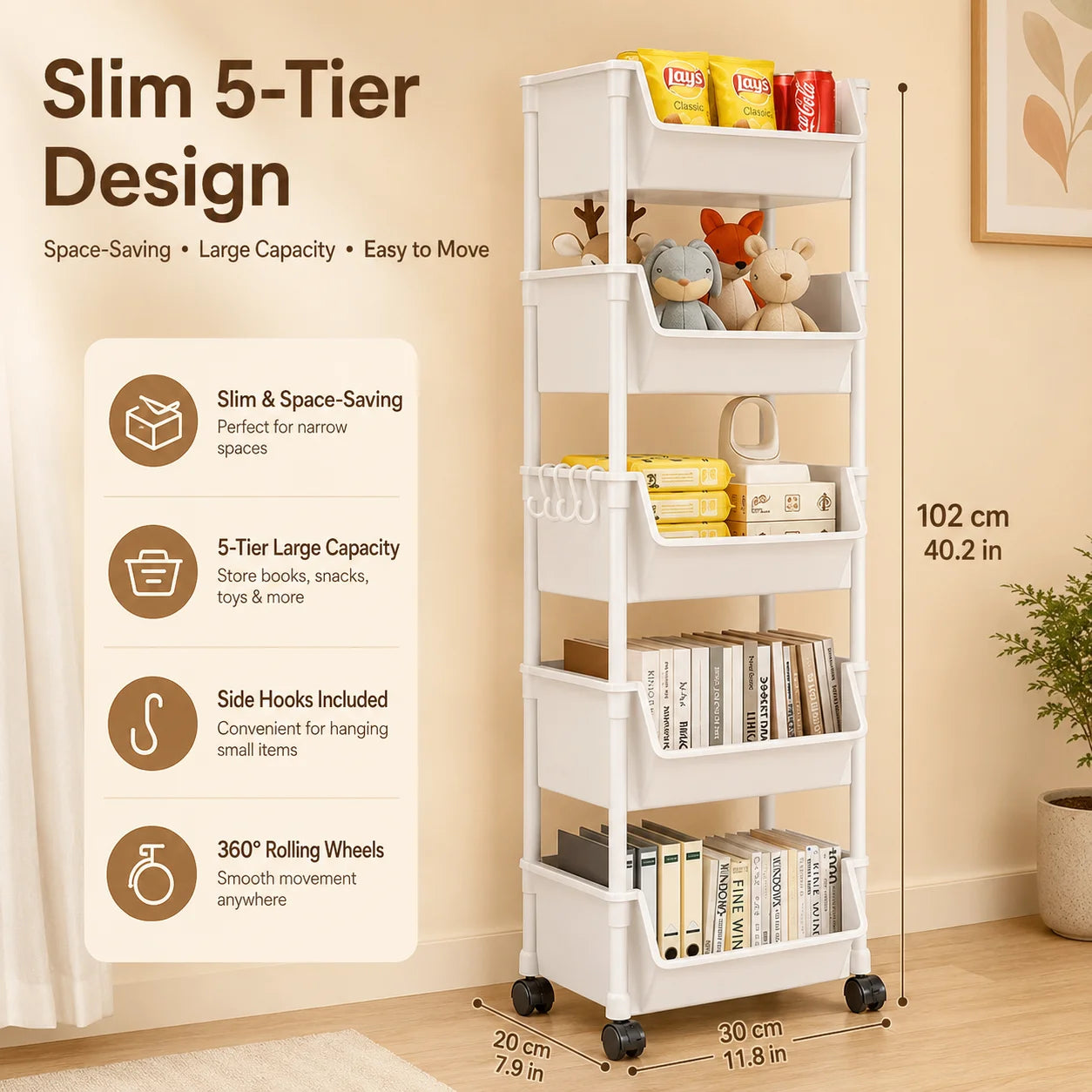 Household Living Room, Bedroom, Kitchen Small Trolley Storage Rack, Snack Floor-Standing Multi-Layer Mobile Storage Bookshelf