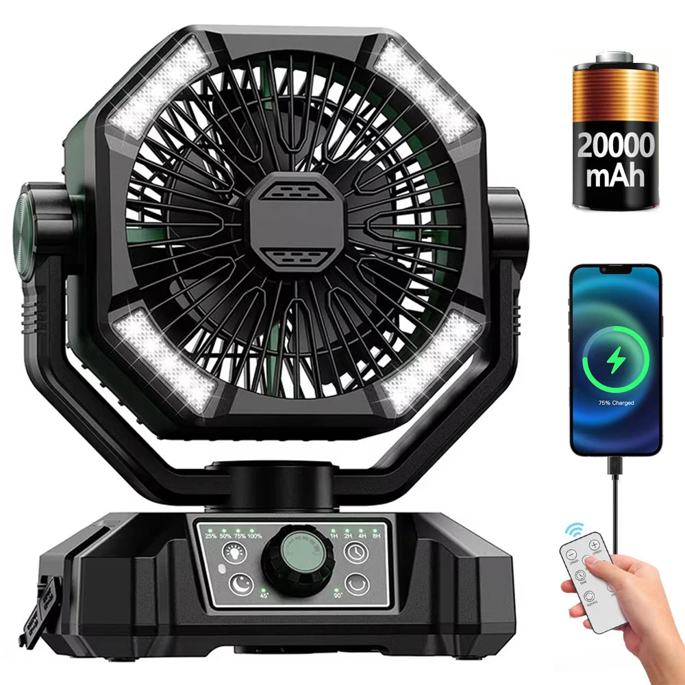 SKYTOO Camping Fan with Dual Motor 20000mAh RechargeableClip Fan with Digital Display with LED Lantern for Camping Outdoor Fan