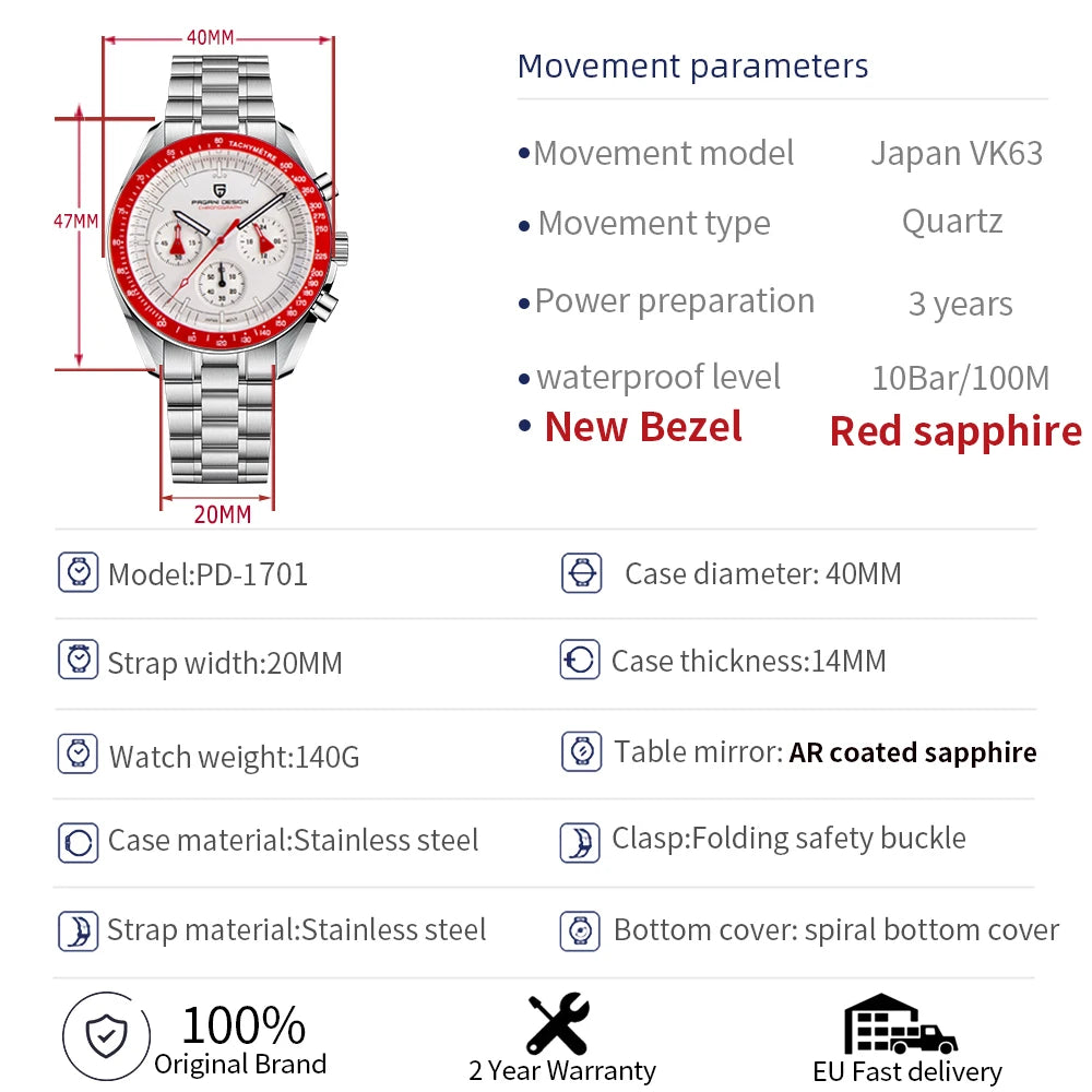 PAGANI DESIGN 2026 New V5 PD1701 Men's Watches Luxury Quartz Watch Men Sport Speed Chronograph AR Sapphire glass 100M Waterproof