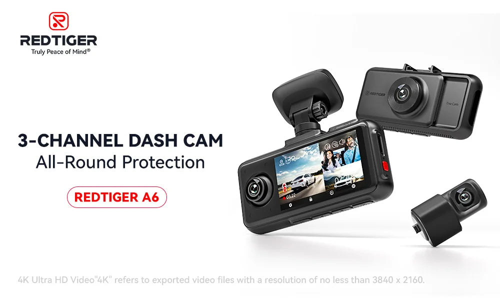 REDTIGER A6 3 Cameras Front/Cabin/Rear Cam 4K Dash Cam Built-in 5.8Ghz WiFi GPS Car DVR Night Vision Parking Monitor 3 Cameras