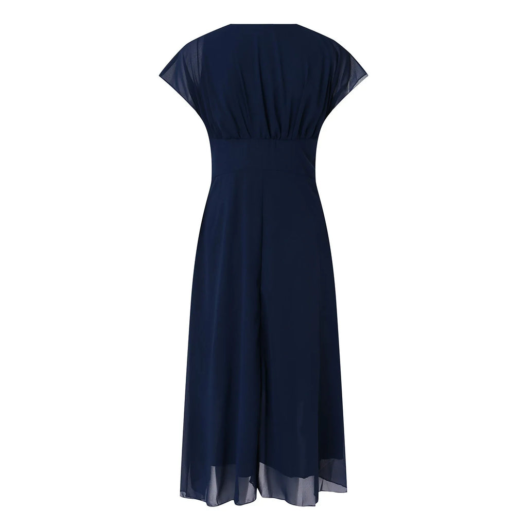 Elegant Women Chiffon Short Sleeve Long Dress V-Neck High Waist A-Line Evening Party Dress Tulle Cocktail Formal Dress Vestidos