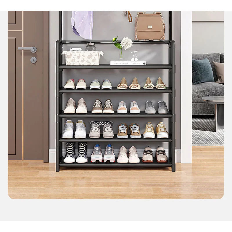 5-Tier 3-in-1 Multifunctional Metal Shoe & Hat Rack, Floor-Standing Garment Organizer for Entryway, Bedroom, Living Room, Sturdy Vertical Storage Shelf