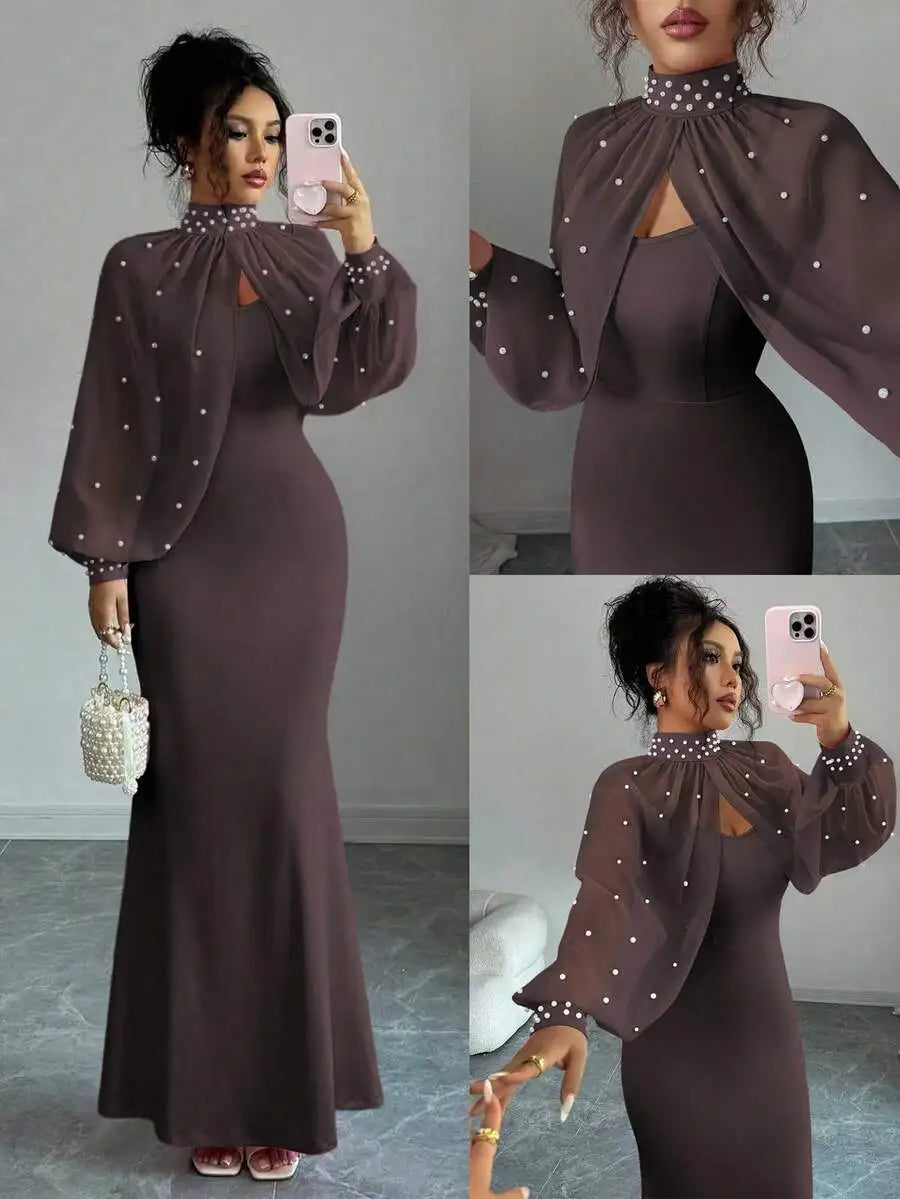 Elegant Pink Mermaid Gown with Beaded Sheer Capelet, Bodycon Slip Dress Set