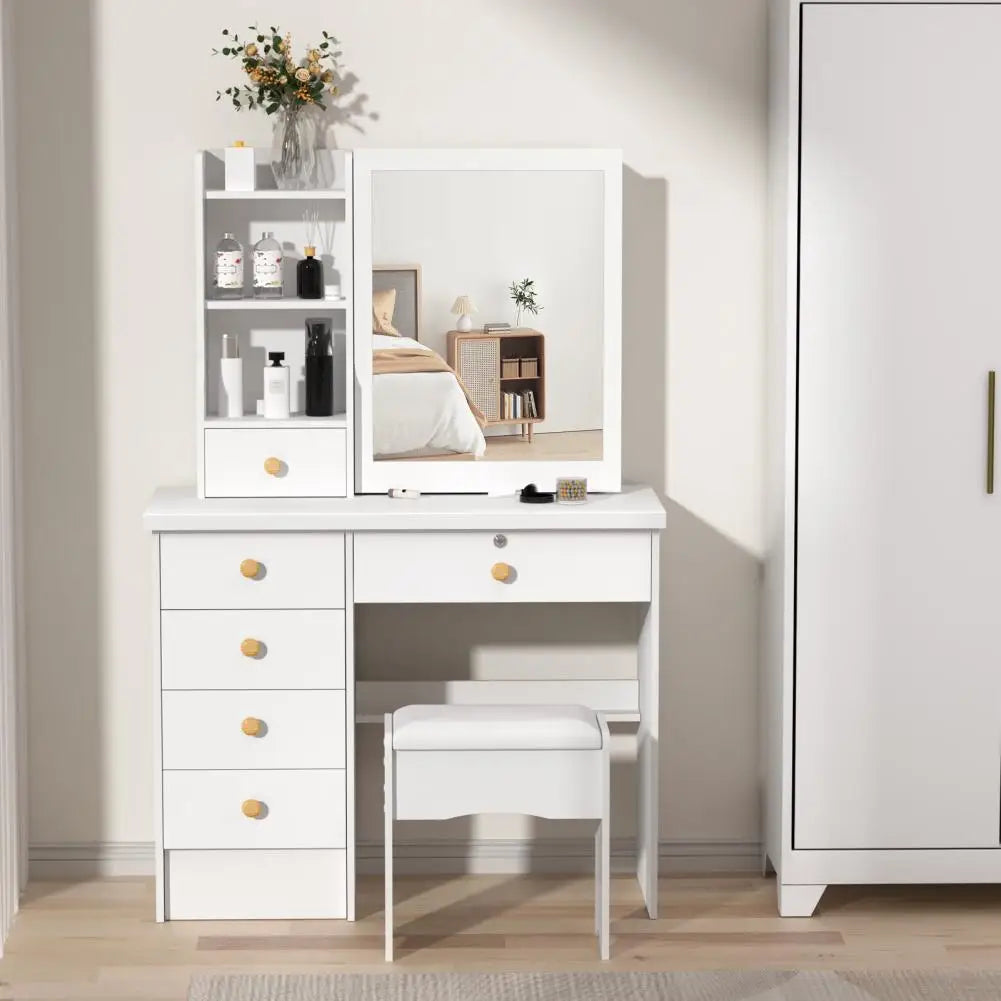 Makeup Vanities Vanity Desk with Sliding Mirror, Bedroom Dressing Table, Makeup Desk with 6 Drawers Bedroom Furniture