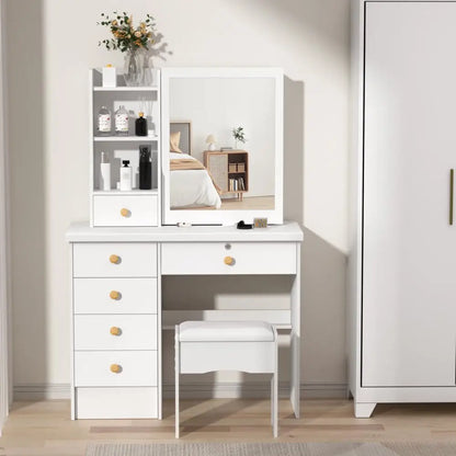 Makeup Vanities Vanity Desk with Sliding Mirror, Bedroom Dressing Table, Makeup Desk with 6 Drawers Bedroom Furniture