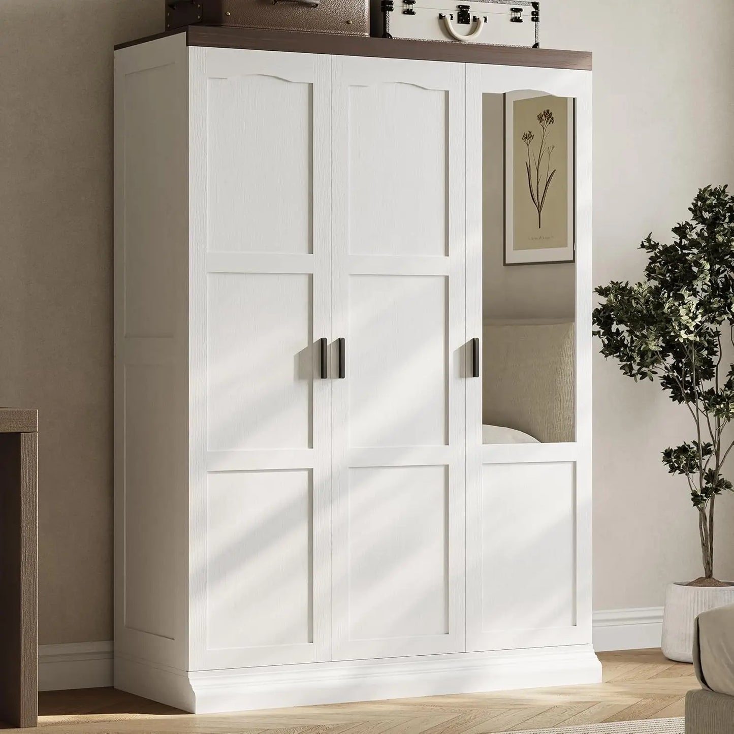 Large 3 Door Armoire Wardrobe Closet with Mirror White Bedroom Furniture Storage Solution for Organizing Clothes