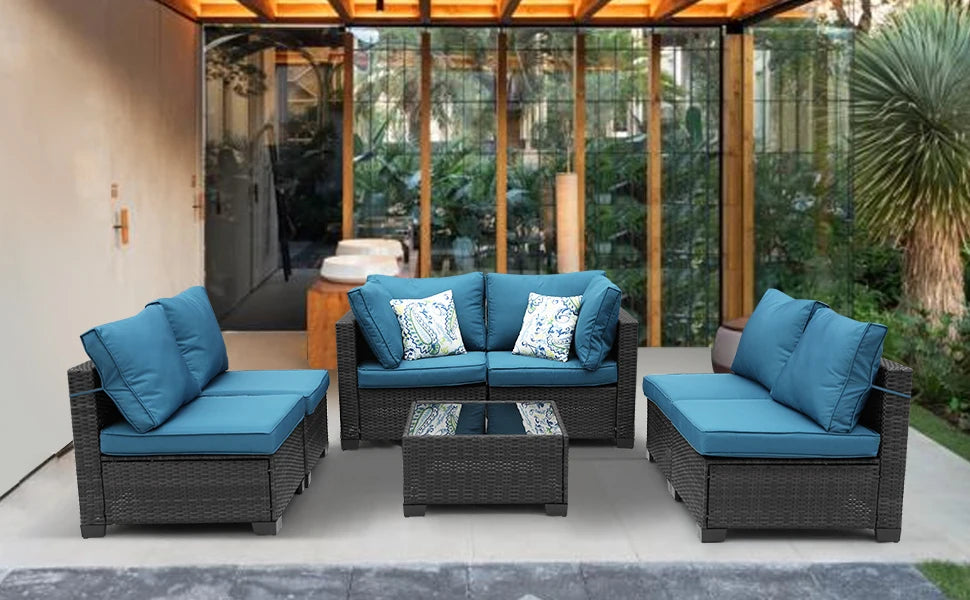 Patio Furniture Set 7 Piece - All-Weather Wicker Rattan Outdoor Conversation Set in Black/Peacock Blue for Backyard Garden Pool