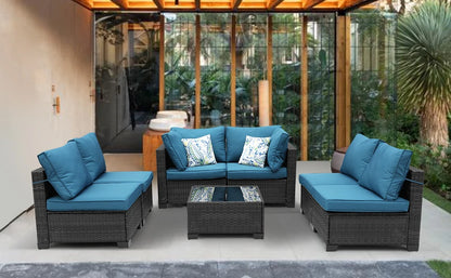 Patio Furniture Set 7 Piece - All-Weather Wicker Rattan Outdoor Conversation Set in Black/Peacock Blue for Backyard Garden Pool