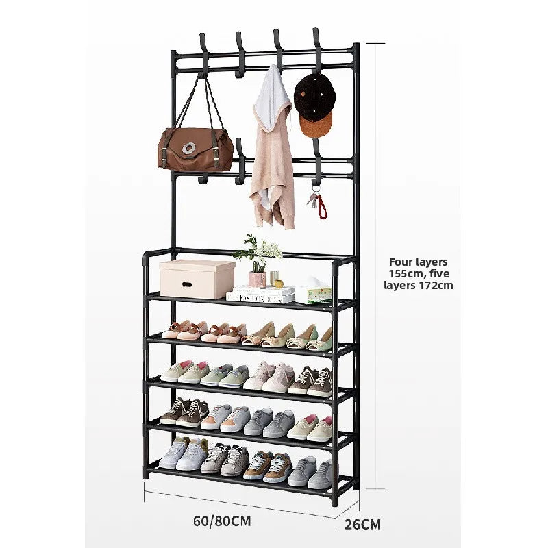 5-Tier 3-in-1 Multifunctional Metal Shoe & Hat Rack, Floor-Standing Garment Organizer for Entryway, Bedroom, Living Room, Sturdy Vertical Storage Shelf
