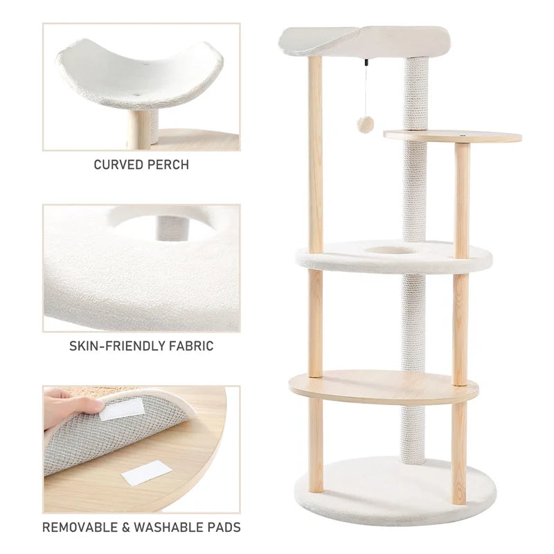 Modern Cat Tree Tower Furniture Wooden with Scratching Post Multi-level Jumping Platform with Condo and Comfortable Perch Beige