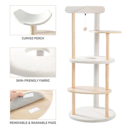 Modern Cat Tree Tower Furniture Wooden with Scratching Post Multi-level Jumping Platform with Condo and Comfortable Perch Beige