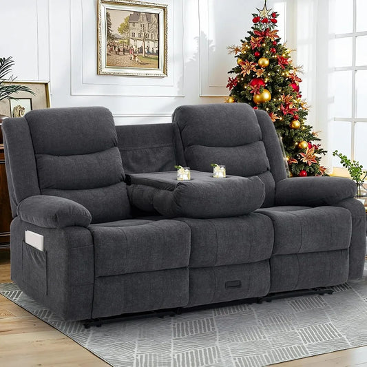 3 Seater Recliner Sofa,Built In Console & Drop Down Table,Cup Holders,Living Room Furniture, Custom
