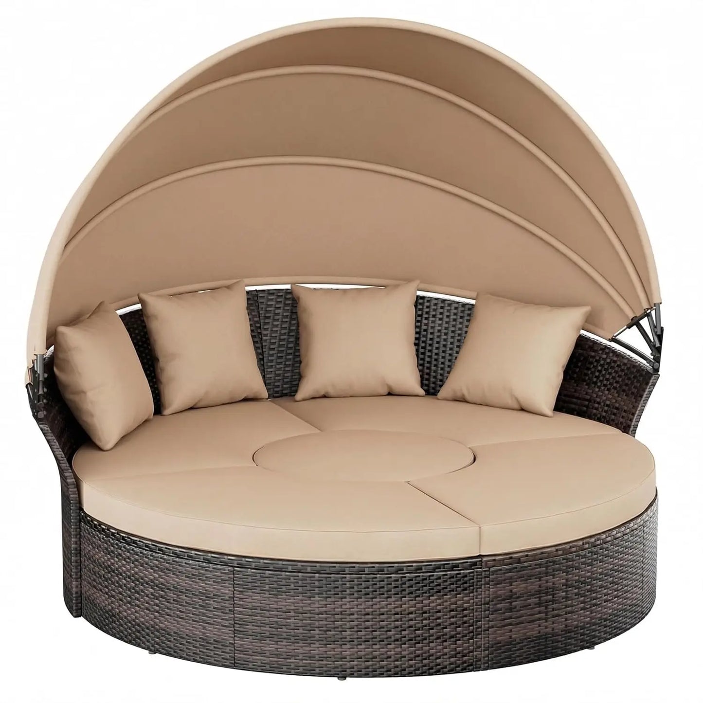 Outdoor Patio Daybed with Retractable Canopy, Wicker Rattan Sectional Round Sofa Furniture Set, 5 Pieces Seating Separates Cushi