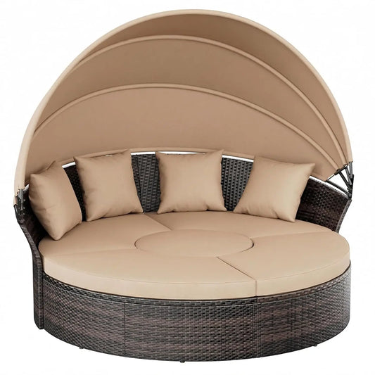 Outdoor Patio Daybed with Retractable Canopy, Wicker Rattan Sectional Round Sofa Furniture Set, 5 Pieces Seating Separates Cushi