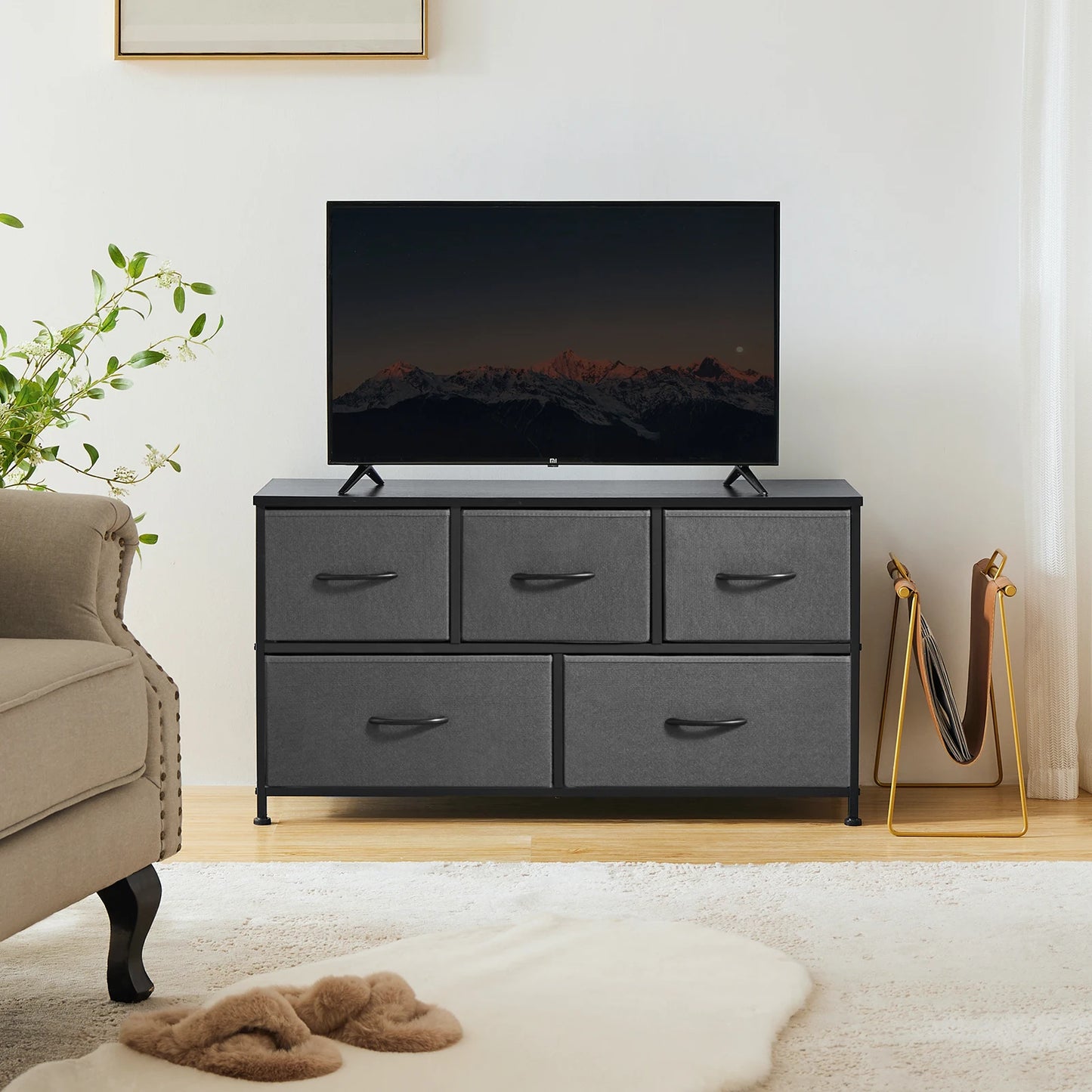 MCQ 5 Drawer Dresser for Bedroom Closet Chest Organizer Furniture TV Stand for Living Room Hallway Wide Fabric Storage Tower with Wooden Top and Metal Frame