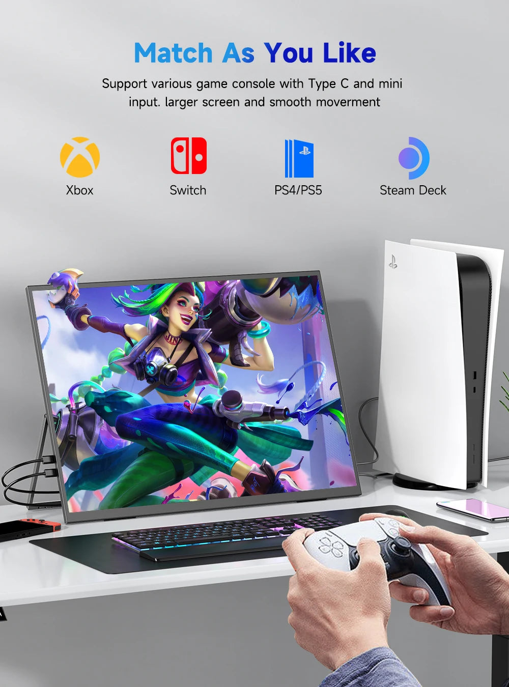 UPERFECT 24”120HZ Portable Monitor Gaming Pc Displays Laptop TV External Screen Ultra-smooth For Cell Phone Steamdeck MacBook