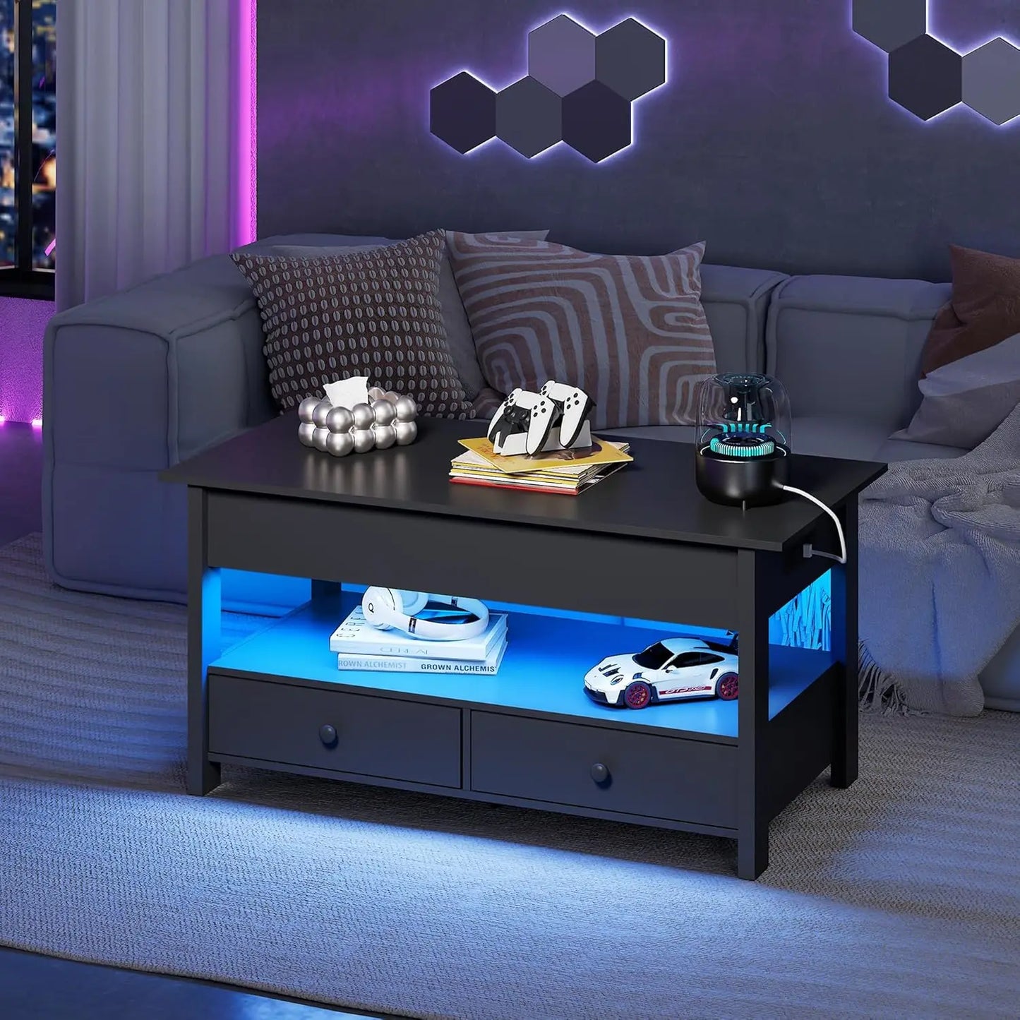 WLIVE Black Lift Top Coffee Table with 2 Drawers LED Light - Large Storage Open Shelf for Living Room Modern Home Furniture