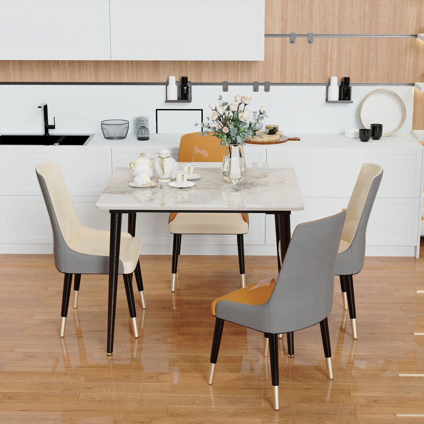 Rectangular Dining Modern Dining Desk Table Furniture with Natural Texture Sintered Stone Top Metal Frame for Dining Room