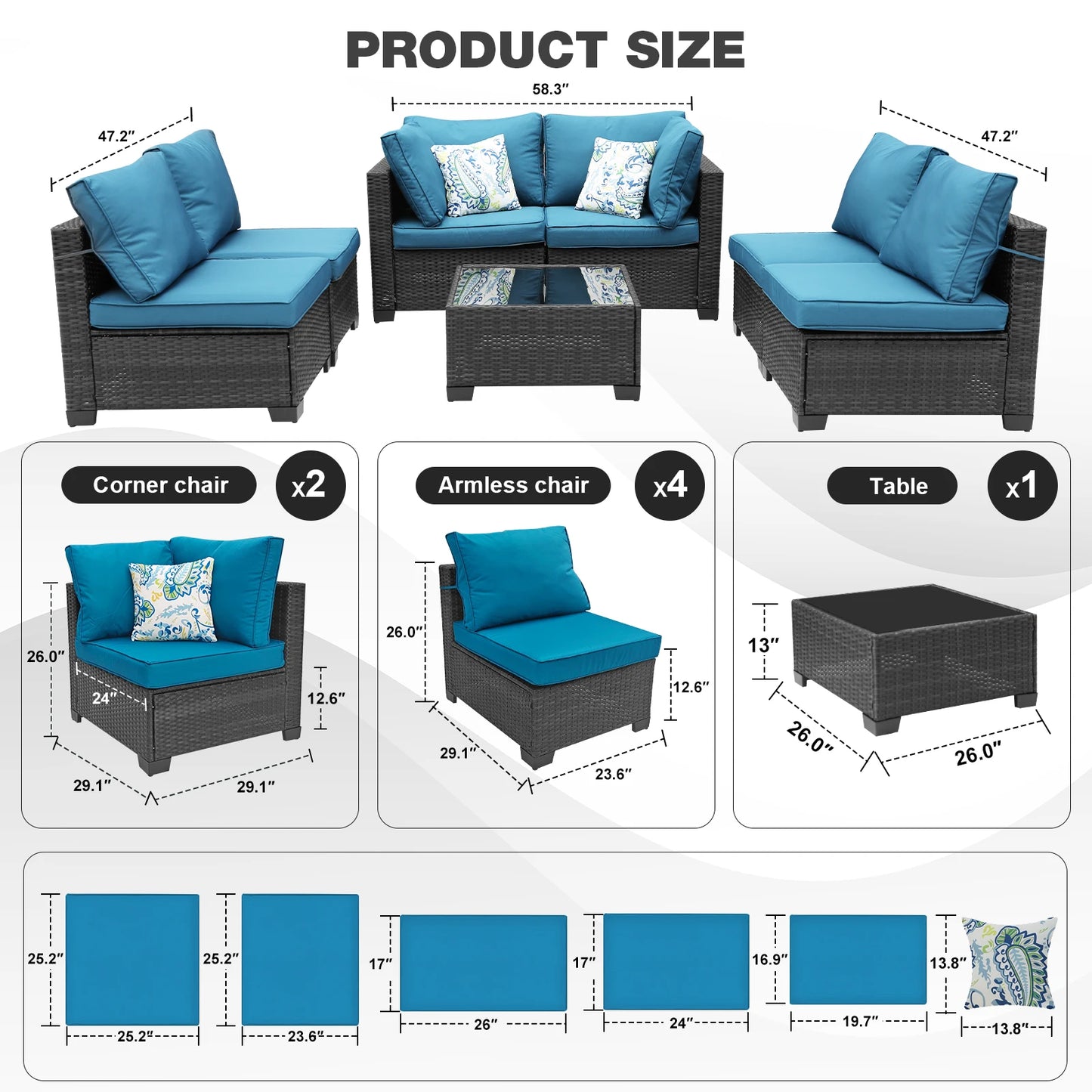Patio Furniture Set 7 Piece - All-Weather Wicker Rattan Outdoor Conversation Set in Black/Peacock Blue for Backyard Garden Pool